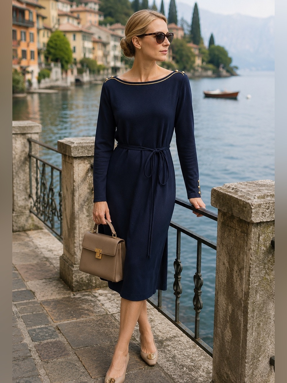 Ralph Lauren Navy Blue / Gold Trim and Buttons Boatneck Nautical Dress L Cotton